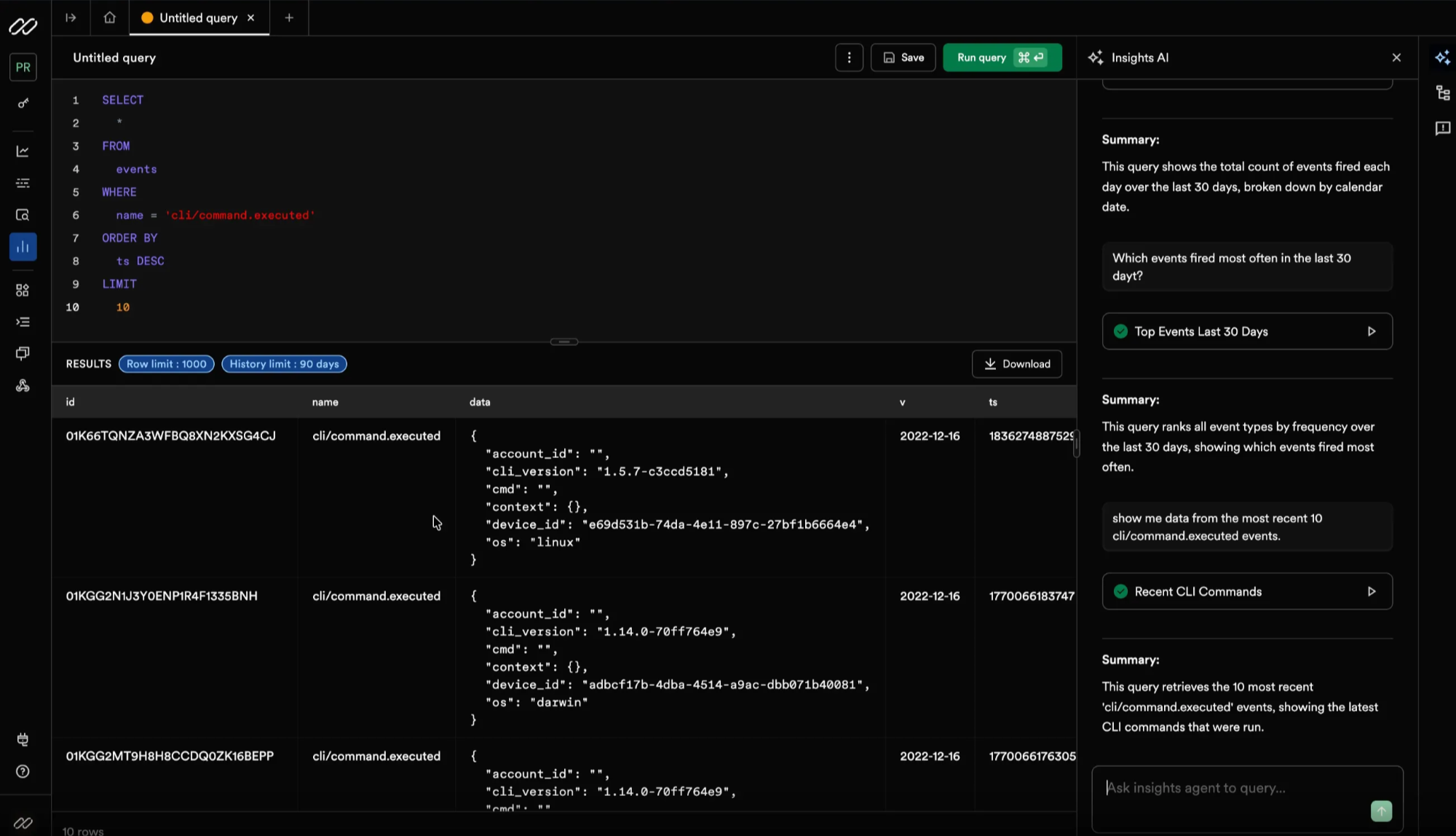 Insights AI can answer complex aggregation question, like inspecting the data of multiple events.