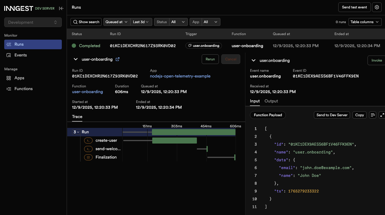 Inngest DevServer traces view showing OpenTelemetry spans for Node.js background workflows